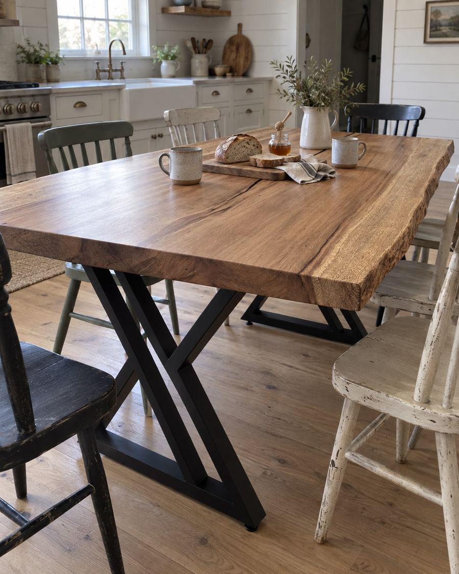 Rendering of the Amara Quinta slab as a dining table with Double Y Legs in a modern farmhouse home