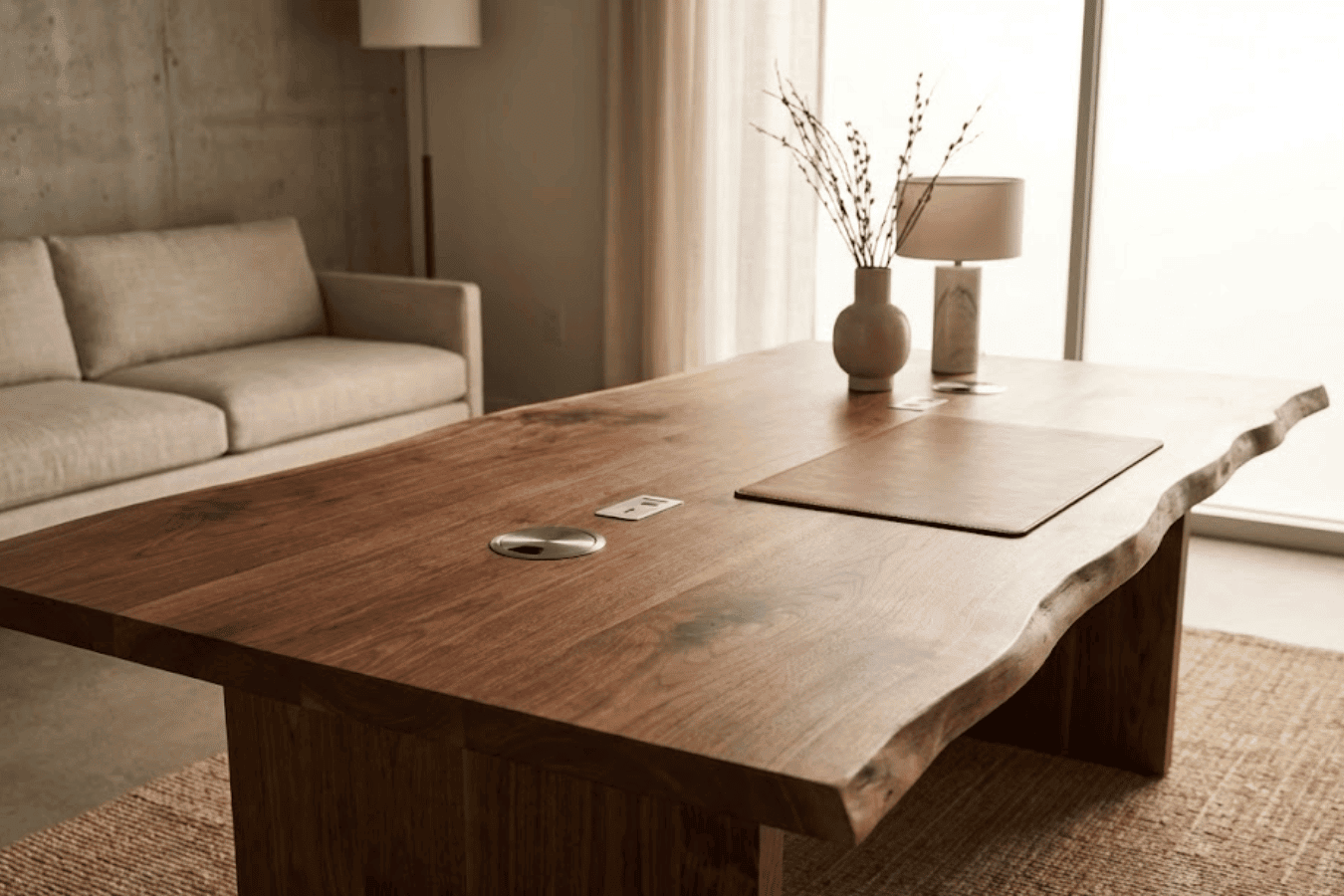 Live-edge walnut desk with leather pad, vase and lamp in a sunlit minimalist living room with sofa and jute rug