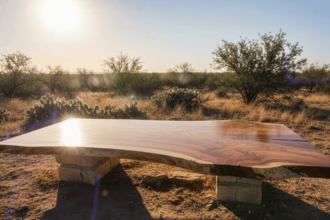 large Guanacaste (Parota) wood slab with rich grain and warm brown tones, placed outdoors under intense Texas sunlight