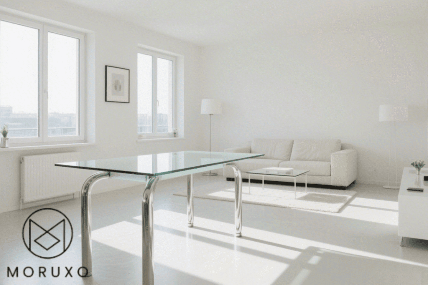Modern bright living room with glass dining table, white sofa, and minimalist decor.