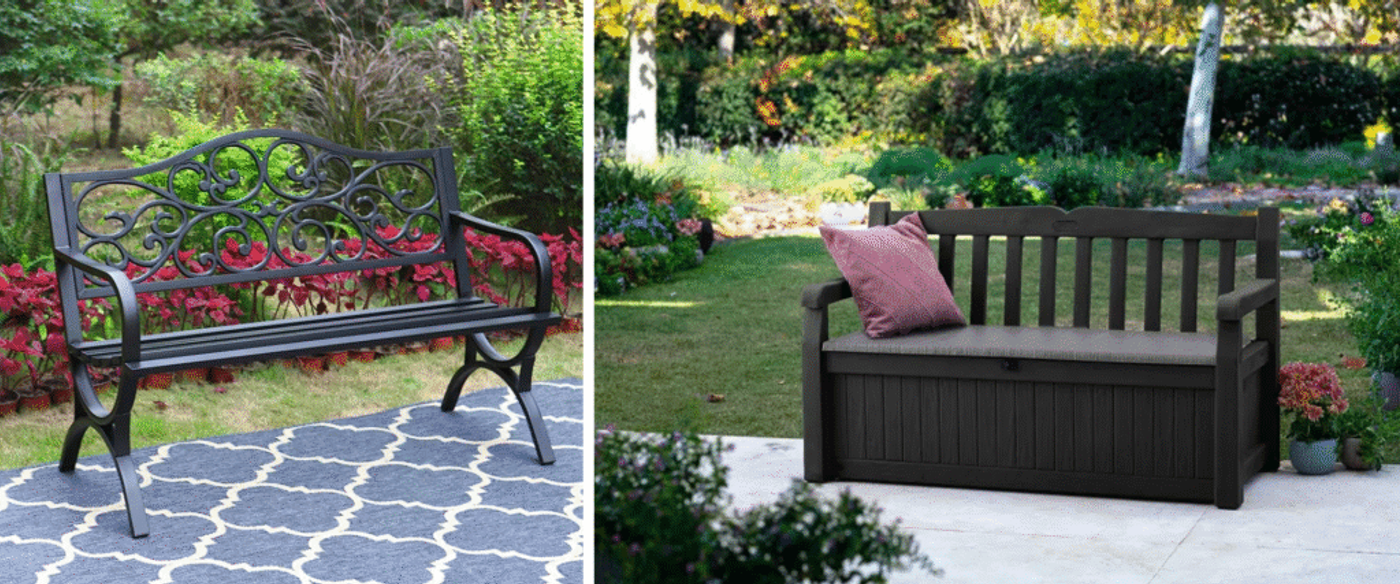 Two different styles of garden benches: a decorative black metal bench with ornate scrollwork placed on a patterned outdoor rug, and a dark wooden storage bench with a cushion and pink throw pillow, both set in lush green garden surroundings.