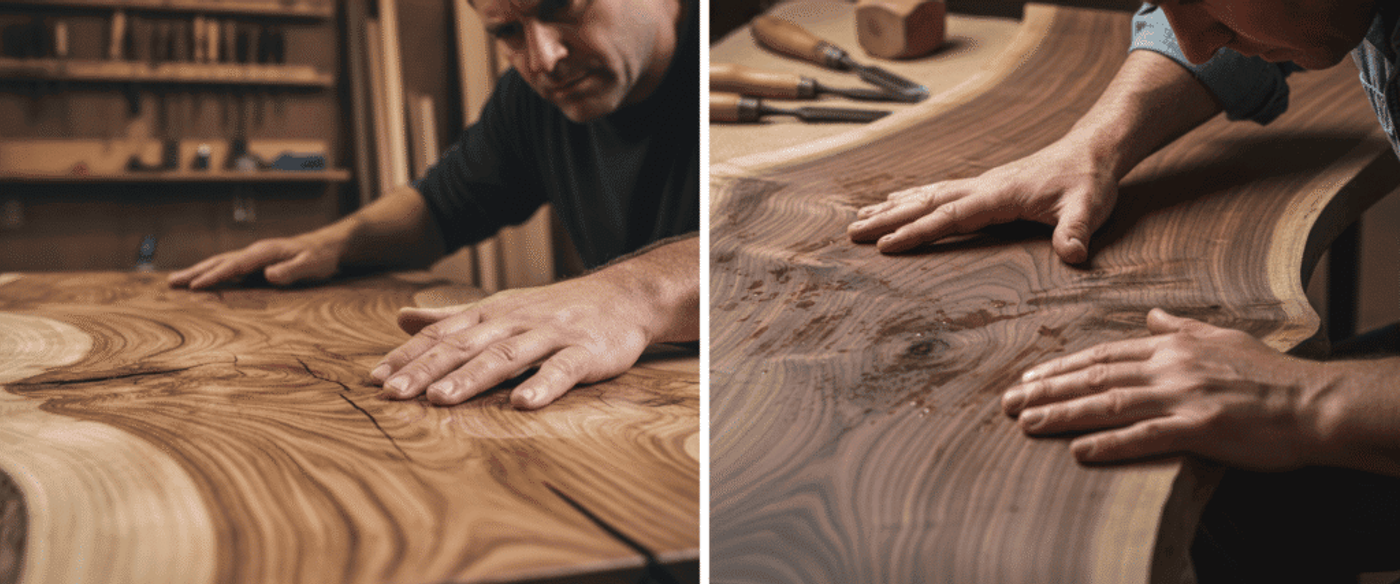Woodworker smoothing and inspecting a large, richly grained wooden slab on a workbench in a workshop.