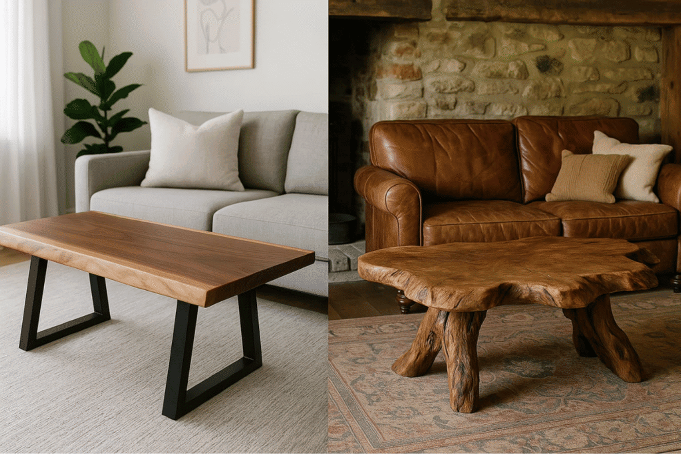 Two wooden coffee tables: modern design with metal legs on left, rustic natural wood style on right.