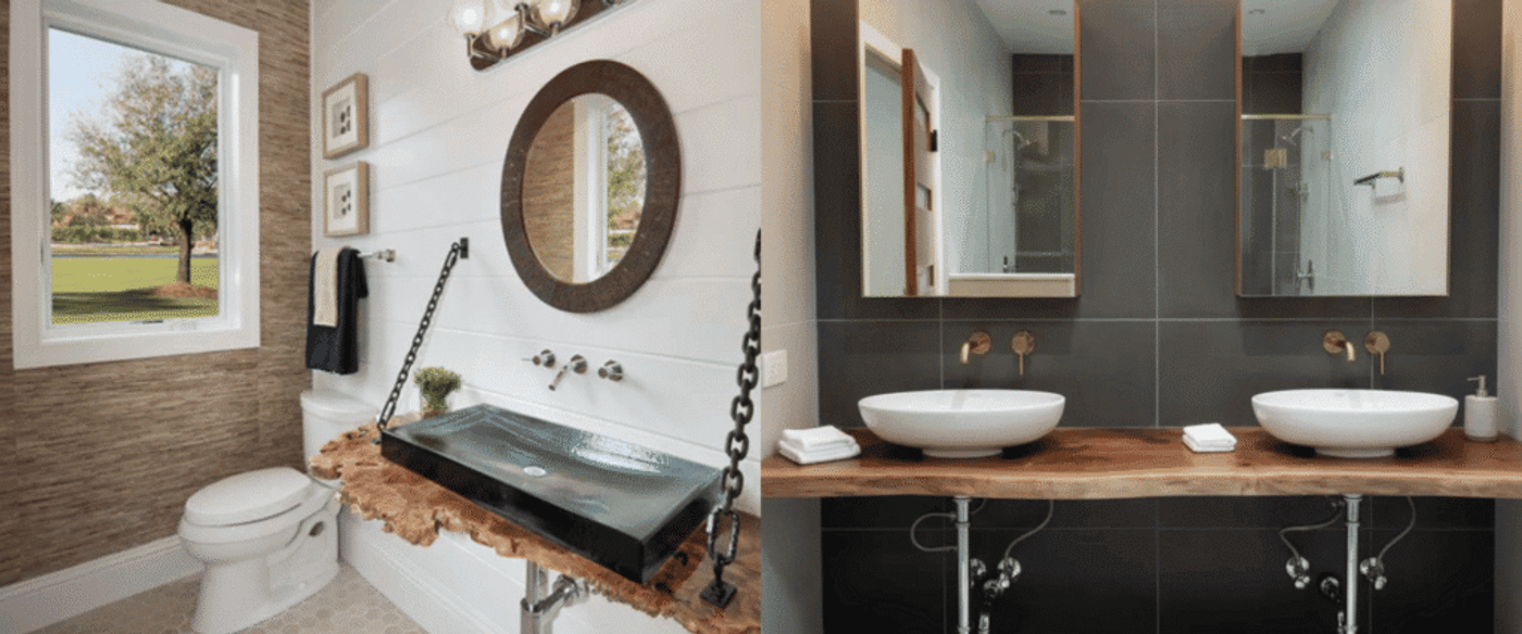 Warm wooden countertop with round vessel sink, circular mirror, textured white tile wall, small framed art and soap dish.