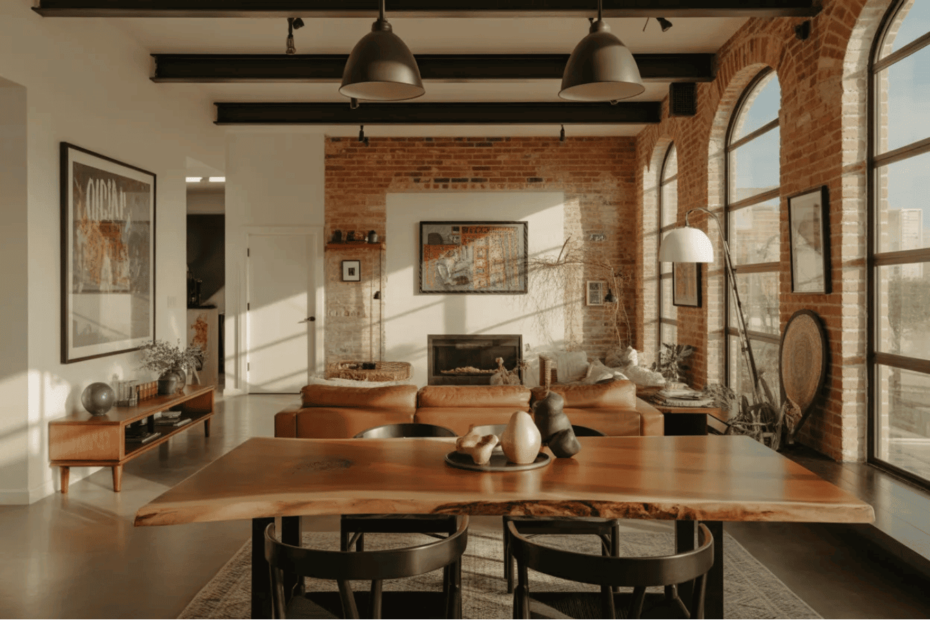 South Congress design aesthetic a warm, modern living room with a live edge wood dining table