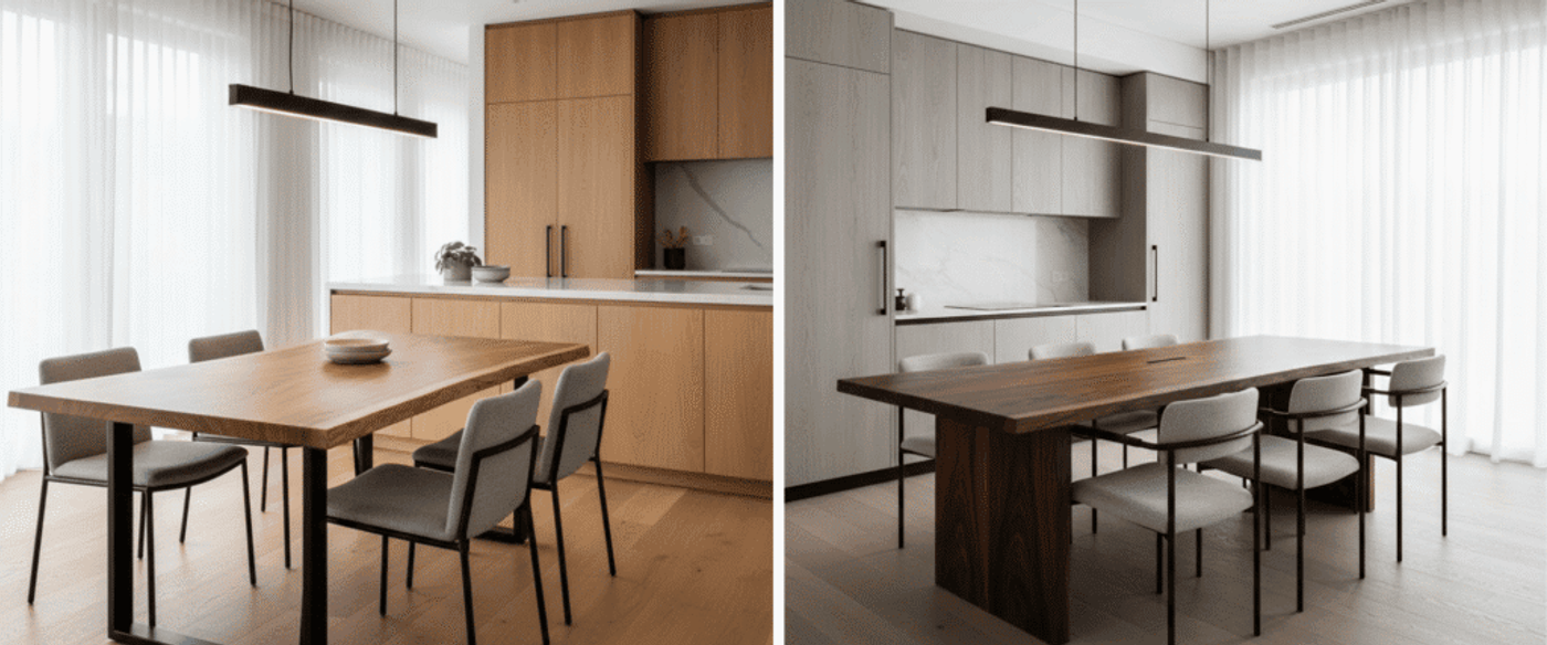 Modern dining area with a wooden table, four upholstered chairs, pendant light, and minimalist kitchen cabinets in soft tones