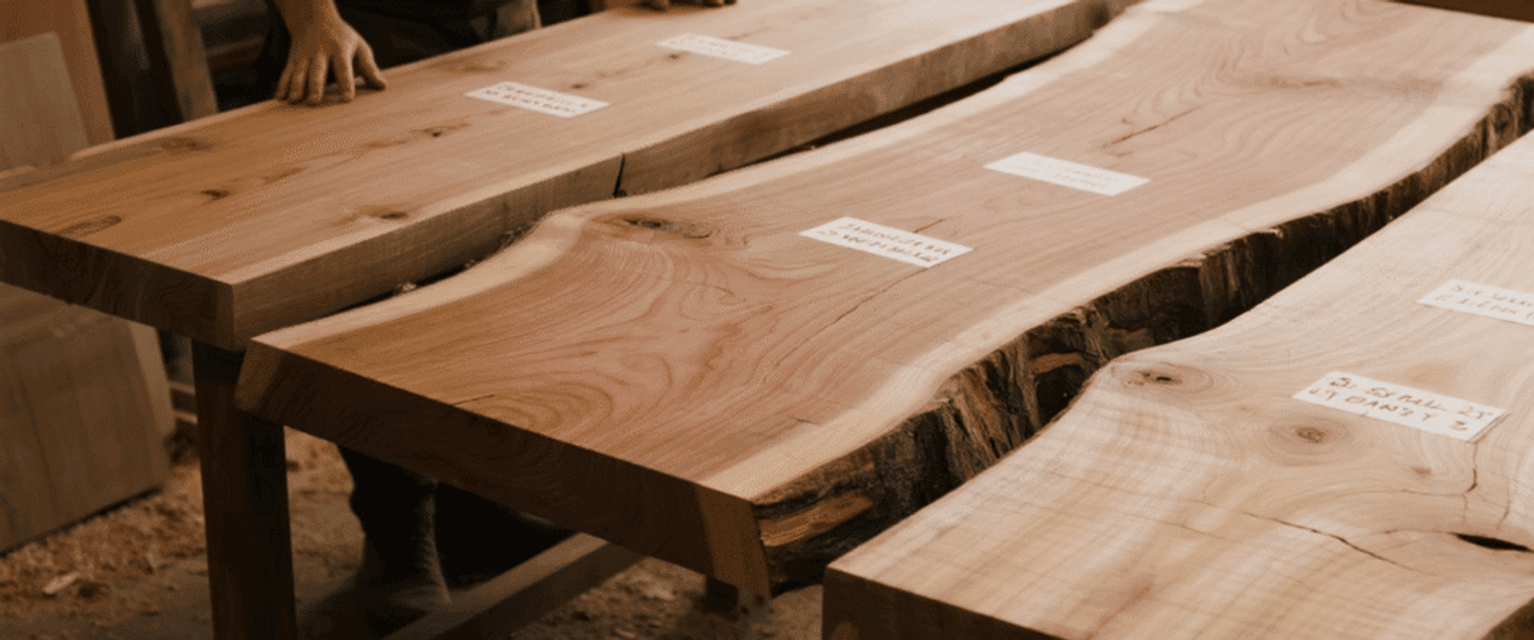 Man inspecting three live-edge timber slabs on workbenches, labeled for selection, showing wood grain and raw bark edges.