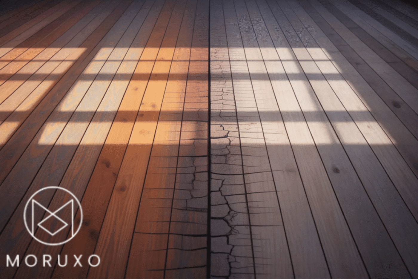 Wood floor showing contrast: left side is polished and warm-toned, right side is faded and cracked. Light and shadow from window frames across both. MORUXO logo in bottom left.