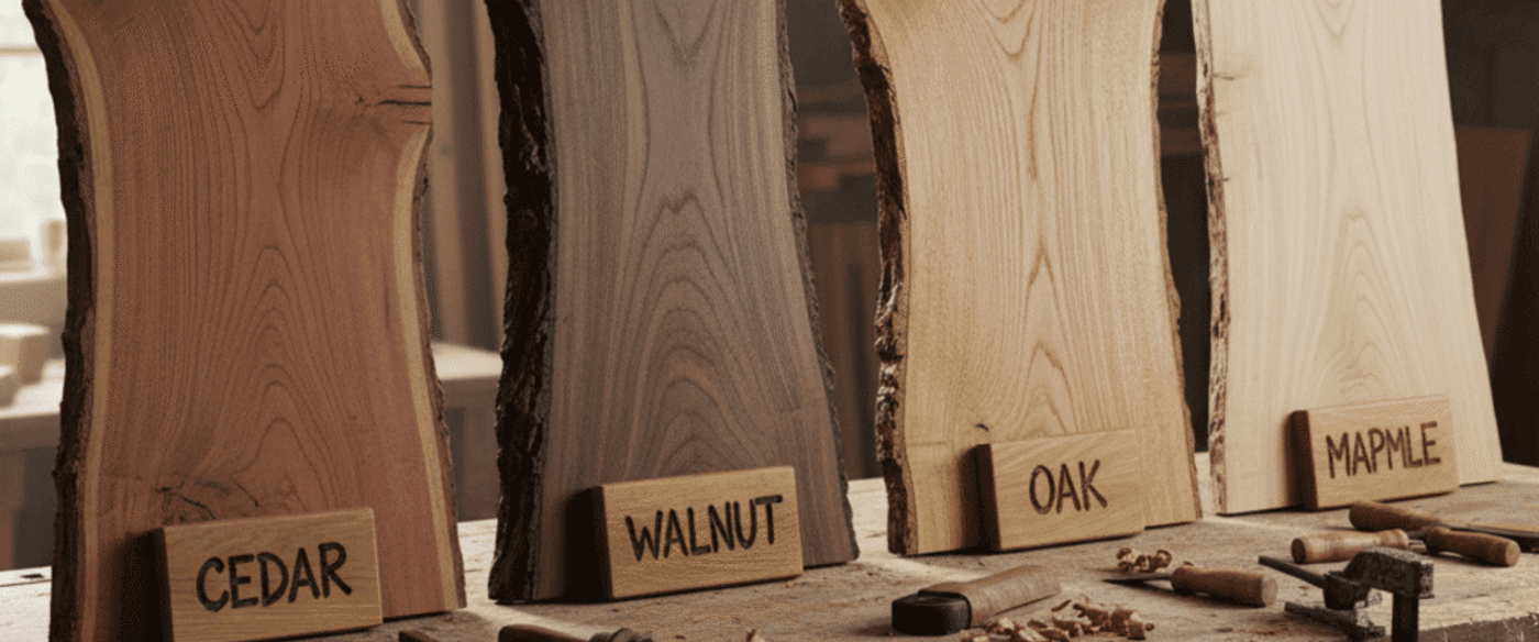 Four live-edge wood slabs labeled Cedar, Walnut, Oak, and Maple displayed on a workbench with tools