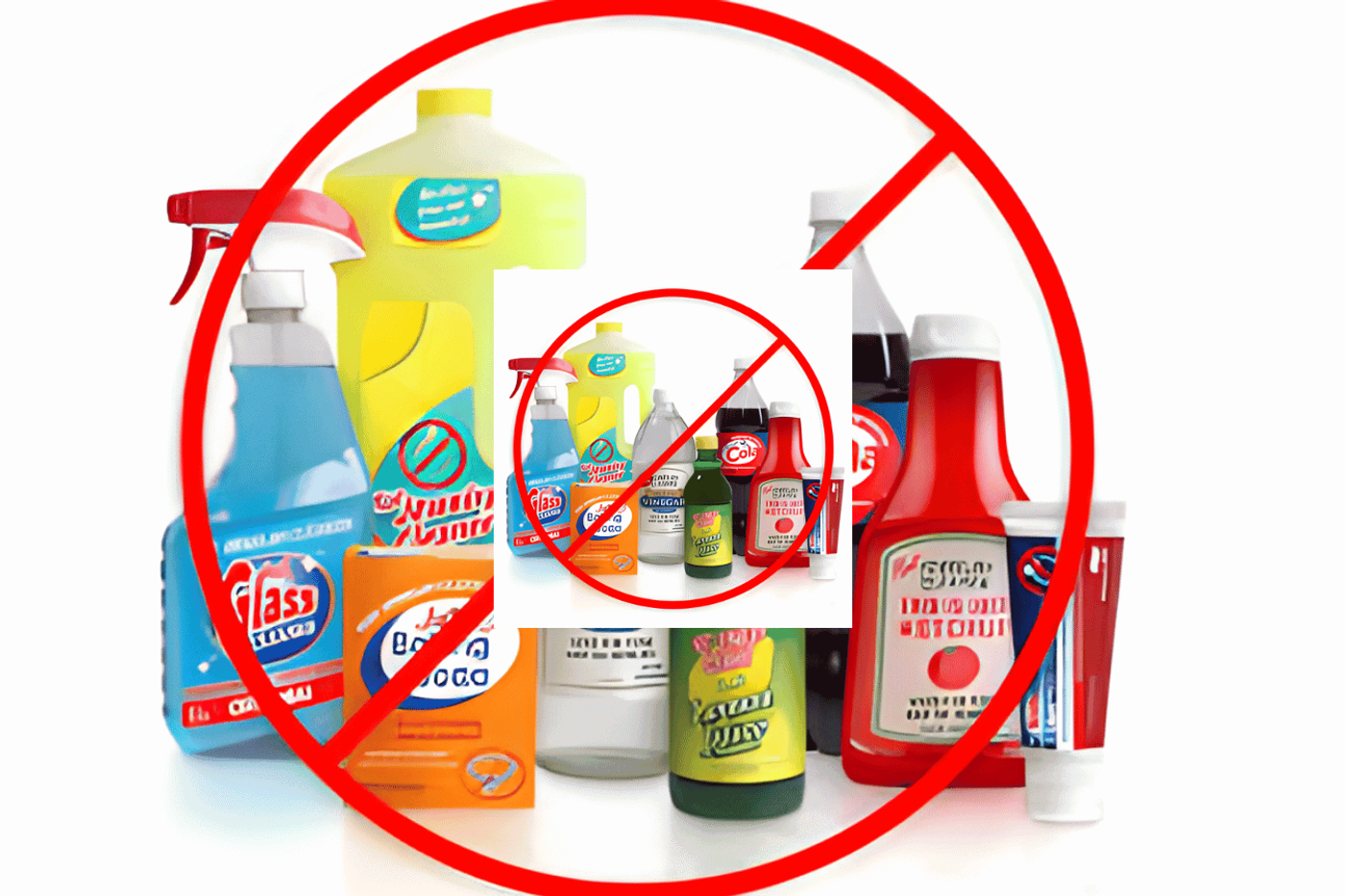 Household cleaning and food products (cleaner sprays, vinegar, baking soda, ketchup