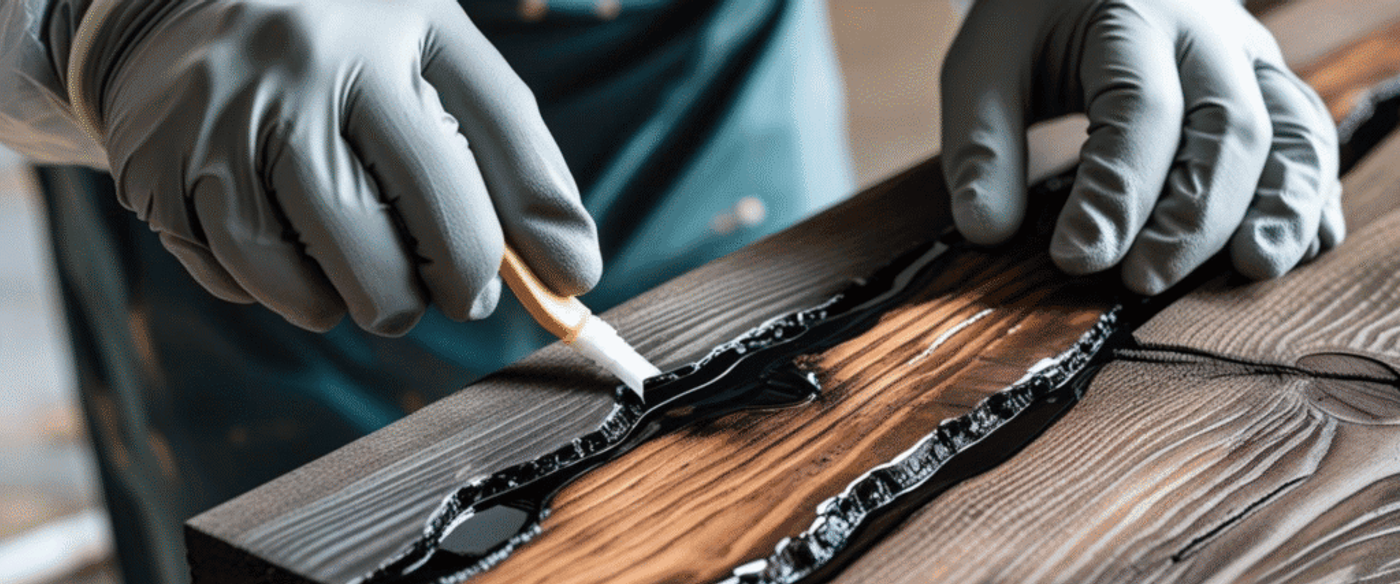 Hands wearing gloves applying black epoxy resin into a wooden surface groove for a smooth, durable finish.