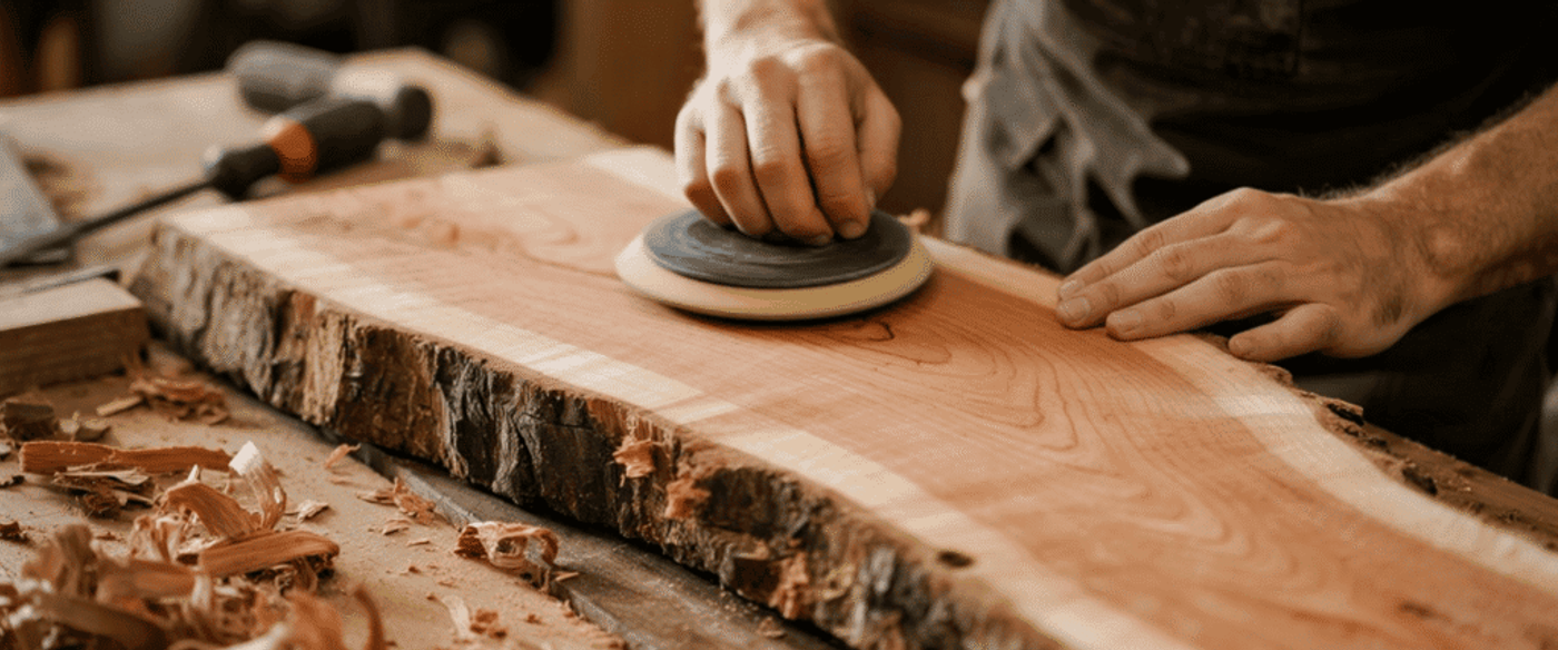 Carpenter sanding a live-edge wooden slab on a workbench, surrounded by wood shavings and hand tools