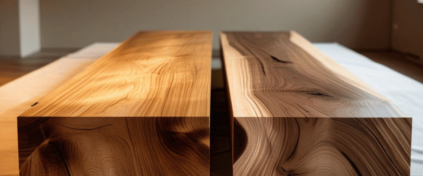 Two polished wooden slabs with distinct natural grain patterns, highlighting the beauty and texture of the wood.