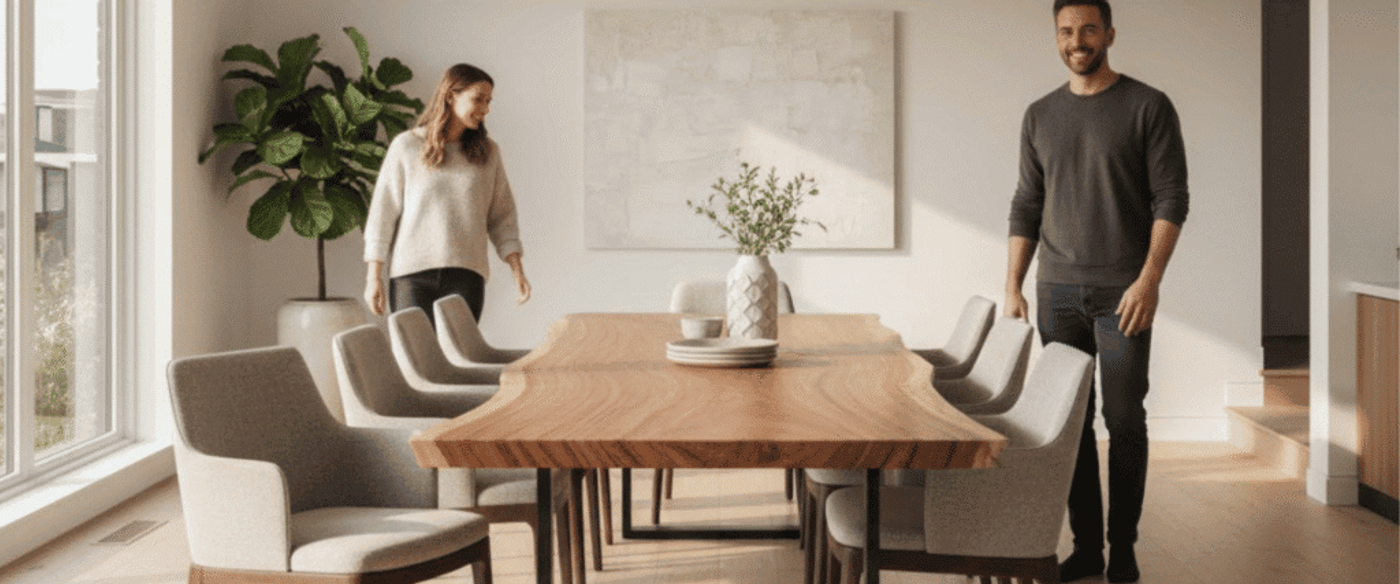 Sunlit modern dining room with a long wooden table, upholstered chairs, decorative vase centerpiece, and two people standing