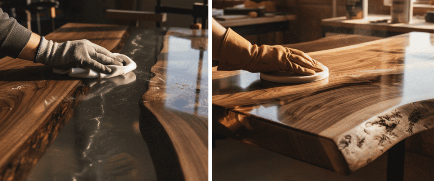 Worker's gloved hand polishing a glossy epoxy river table between live-edge walnut slabs, sunlight reflecting on surface.