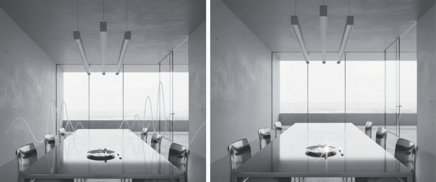 Sleek minimalist conference room with long reflective table, six metal chairs, floor-to-ceiling windows and a small centerpiece
