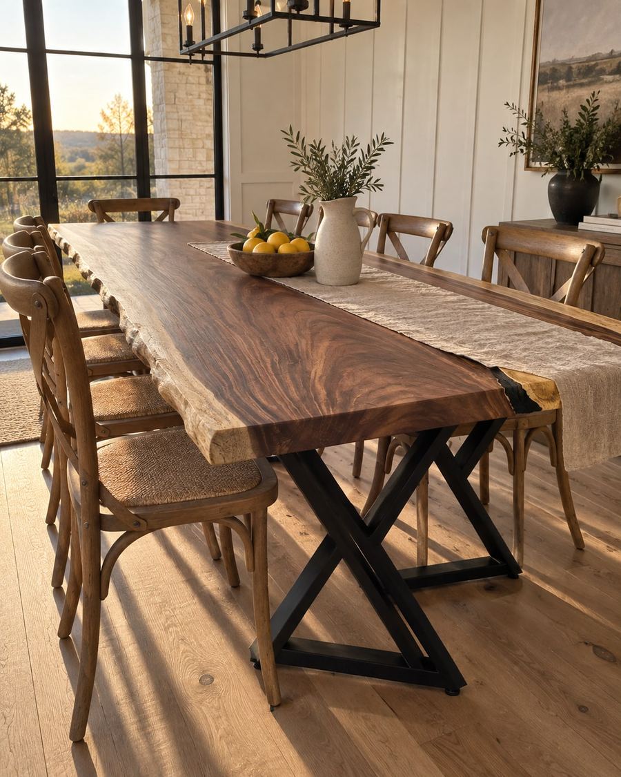 Rendering of the Aurora Octavia slab as a dining table with Double Y Legs in a modern farmhouse home