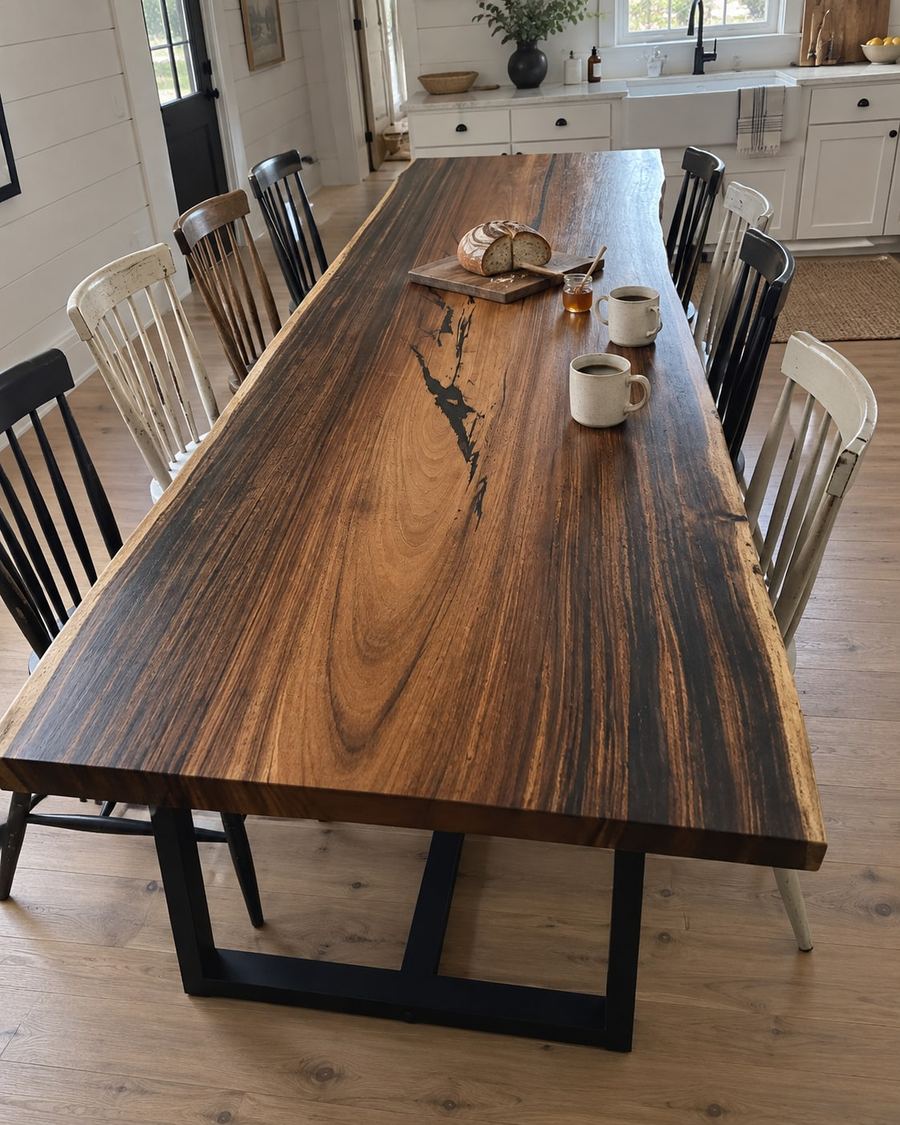 Rendering of the Olivia Undecima slab as a dining table with Tripod Legs in a modern farmhouse home