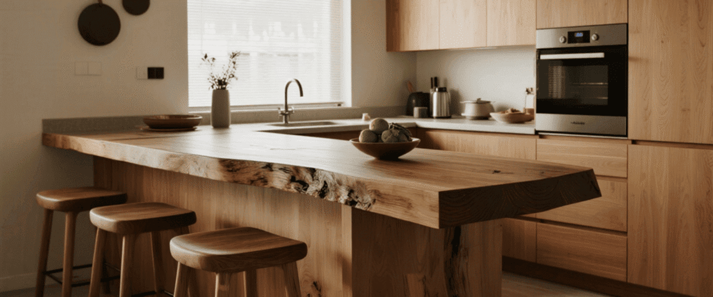 Sunlit modern wooden kitchen with a live-edge island, three stools, sink by window, fruit bowl, and built-in oven.