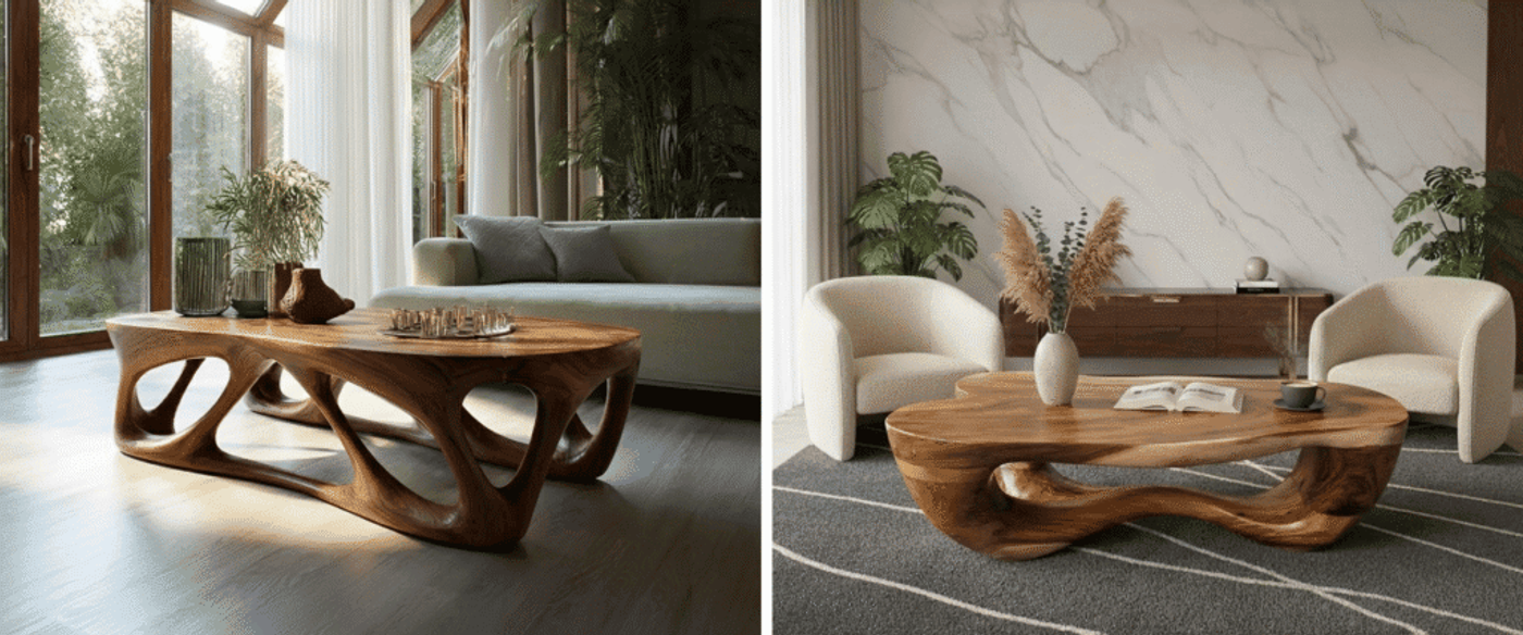 Sculptural wooden coffee table with organic cutouts in sunlit living room, sofa, cushions, plants and glass doors beyond