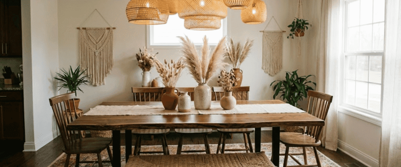 Warm, sunlit dining room with wooden table and chairs, woven pendant lights, pampas grass in vases, macramé wall hangings, and plants