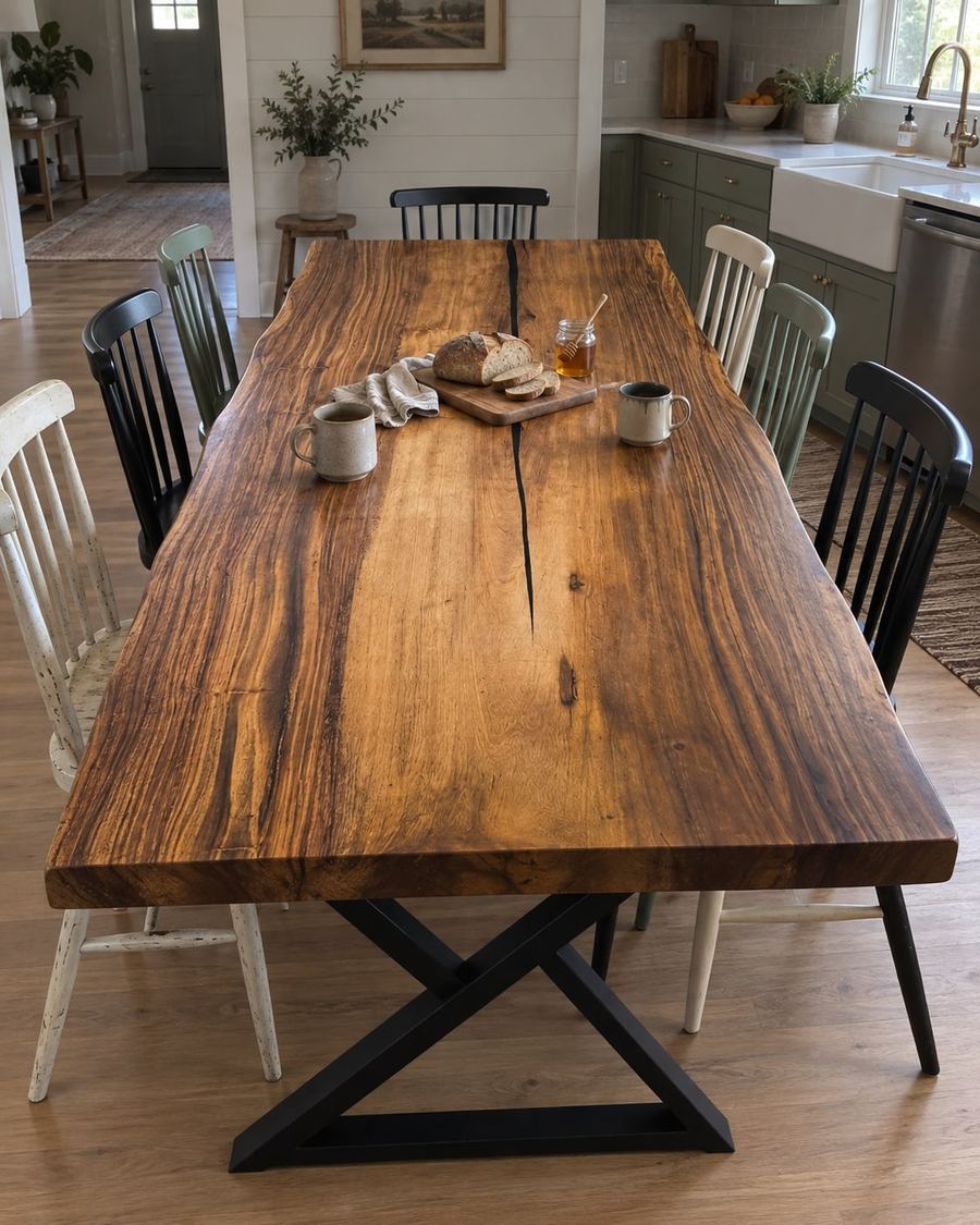 Rendering of the Lucia Septima slab as a dining table with Modern X Legs in a modern farmhouse home