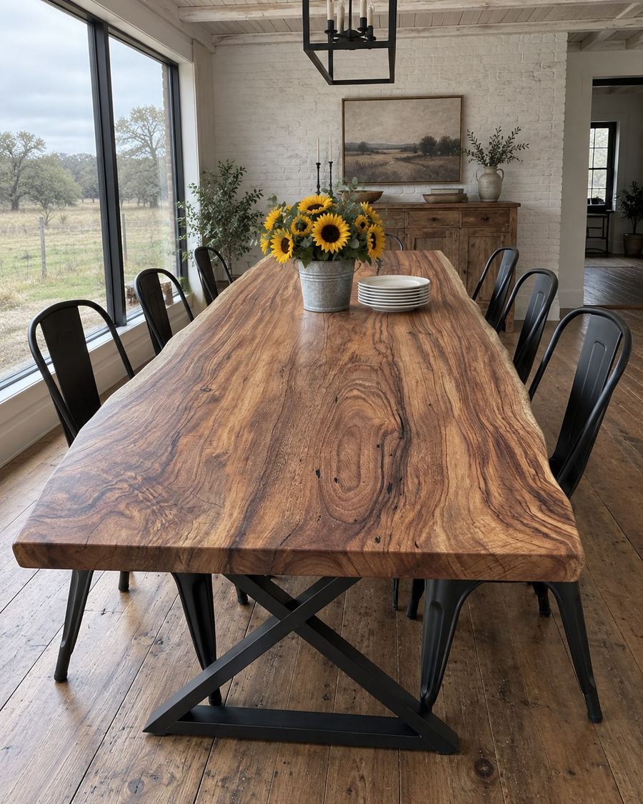 Rendering of the Aurelia Octavia slab as a dining table with Modern X Legs in a modern farmhouse home