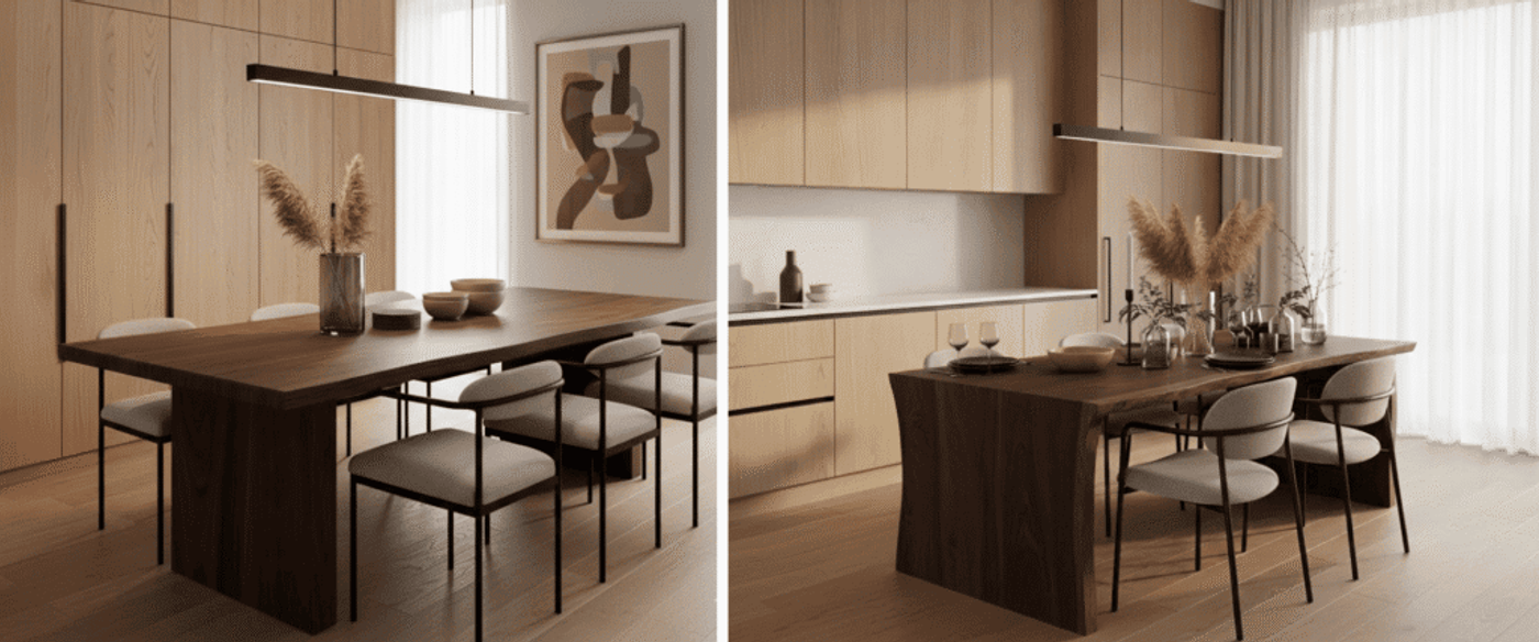 Warm, minimalist dining area with a solid walnut table, four upholstered chairs, pampas grass centerpiece, soft natural light through sheer curtains