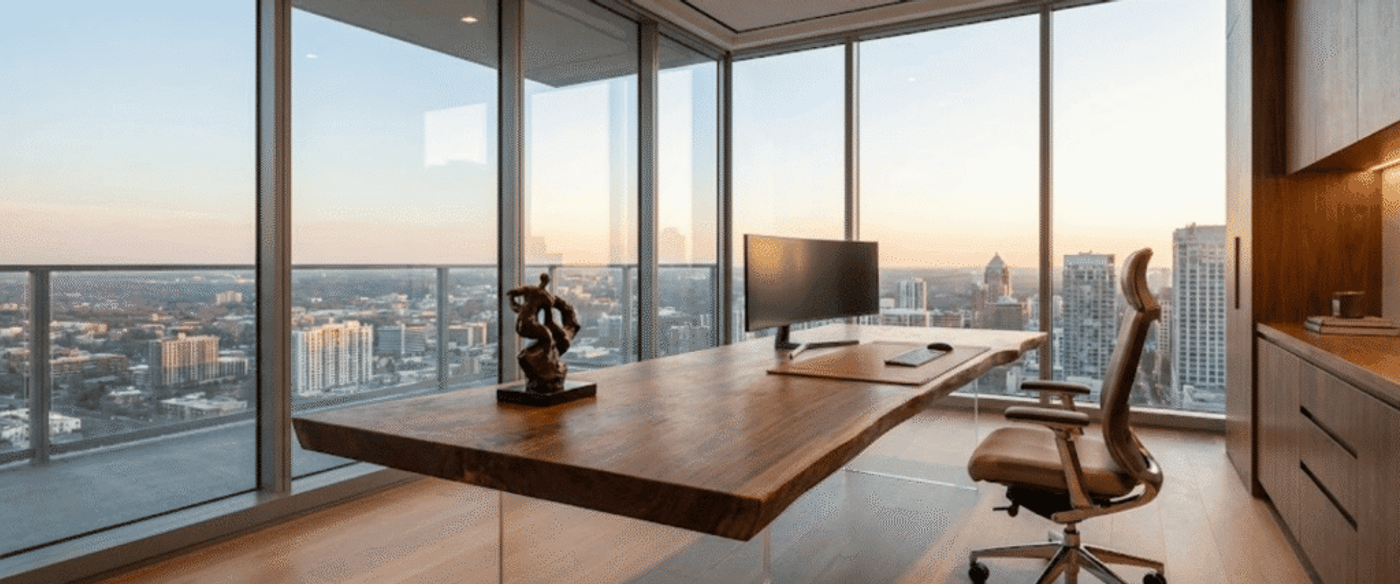 Modern corner office with a live-edge wooden desk, ergonomic chair, monitor, sculpture, and city skyline at sunset through floor-to-ceiling windows