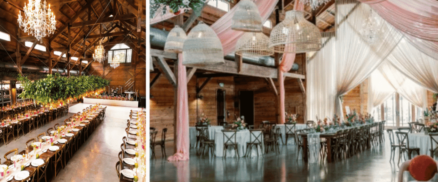 Rustic wedding reception venue with exposed wood beams, crystal chandeliers, and long tables set for elegant dining