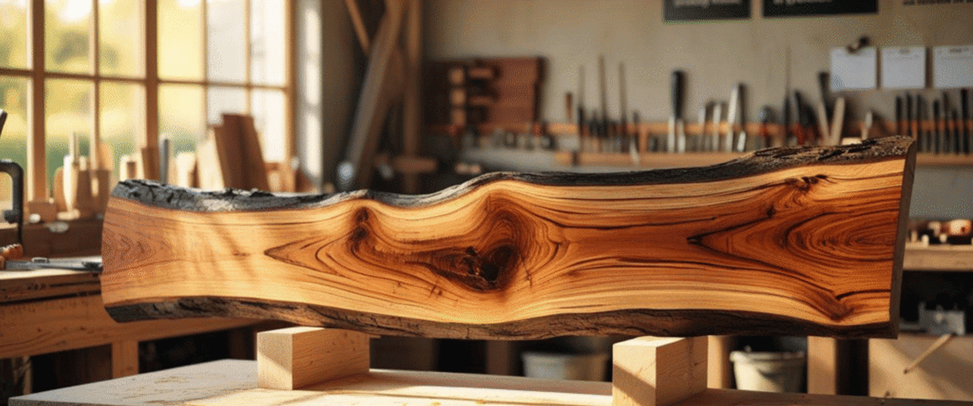 Natural wood slab with rich grain patterns, displayed on wooden blocks in a bright woodworking workshop.