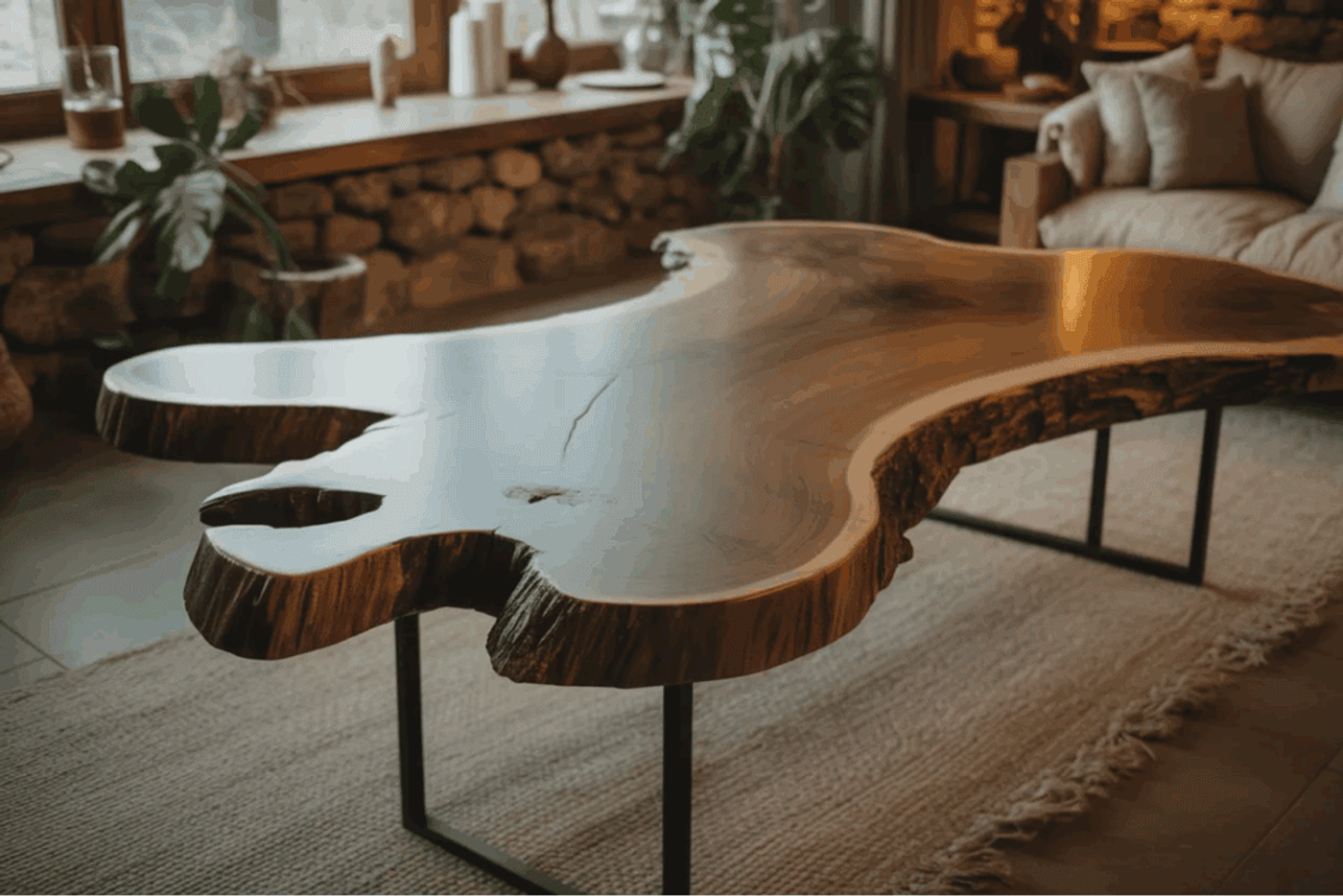 Live edge wooden coffee table with natural shape and smooth finish, set in cozy living room with stone wall and plants.