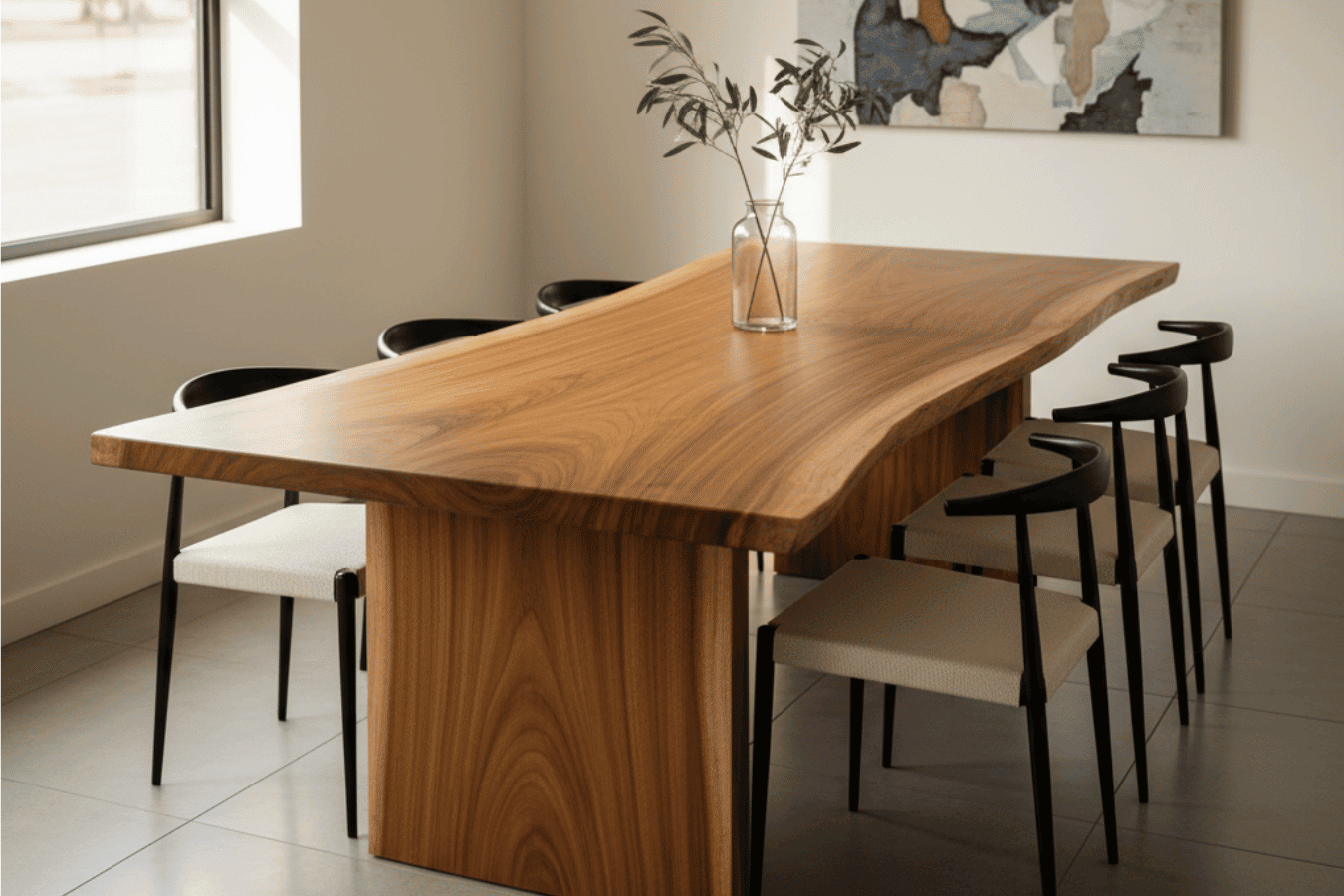 Sunlit dining room with a live-edge wooden table, black modern chairs, a glass vase with green stems, and abstract wall art.