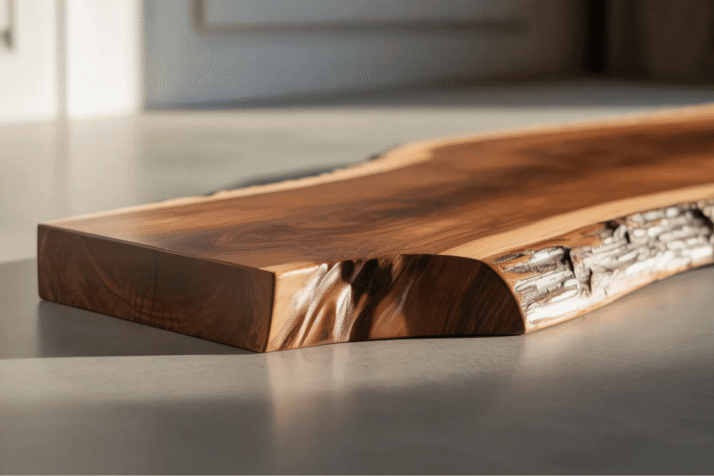 Close-up of a polished wooden slab with natural bark edge, highlighting smooth finish and wood grain details.