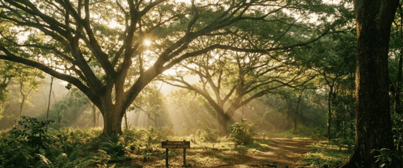 Sunlit forest path winding under large spreading trees, ferns and soft rays of morning light filtering through leaves