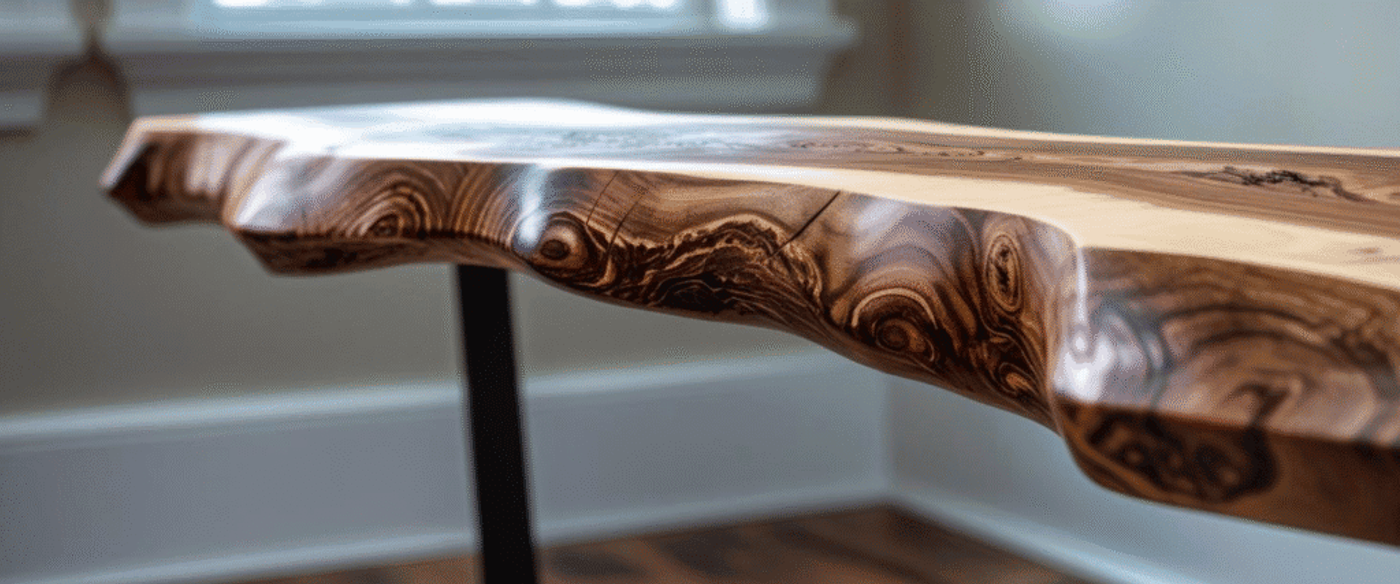 Close-up of a polished live edge wooden table showing natural wood grain and knots.