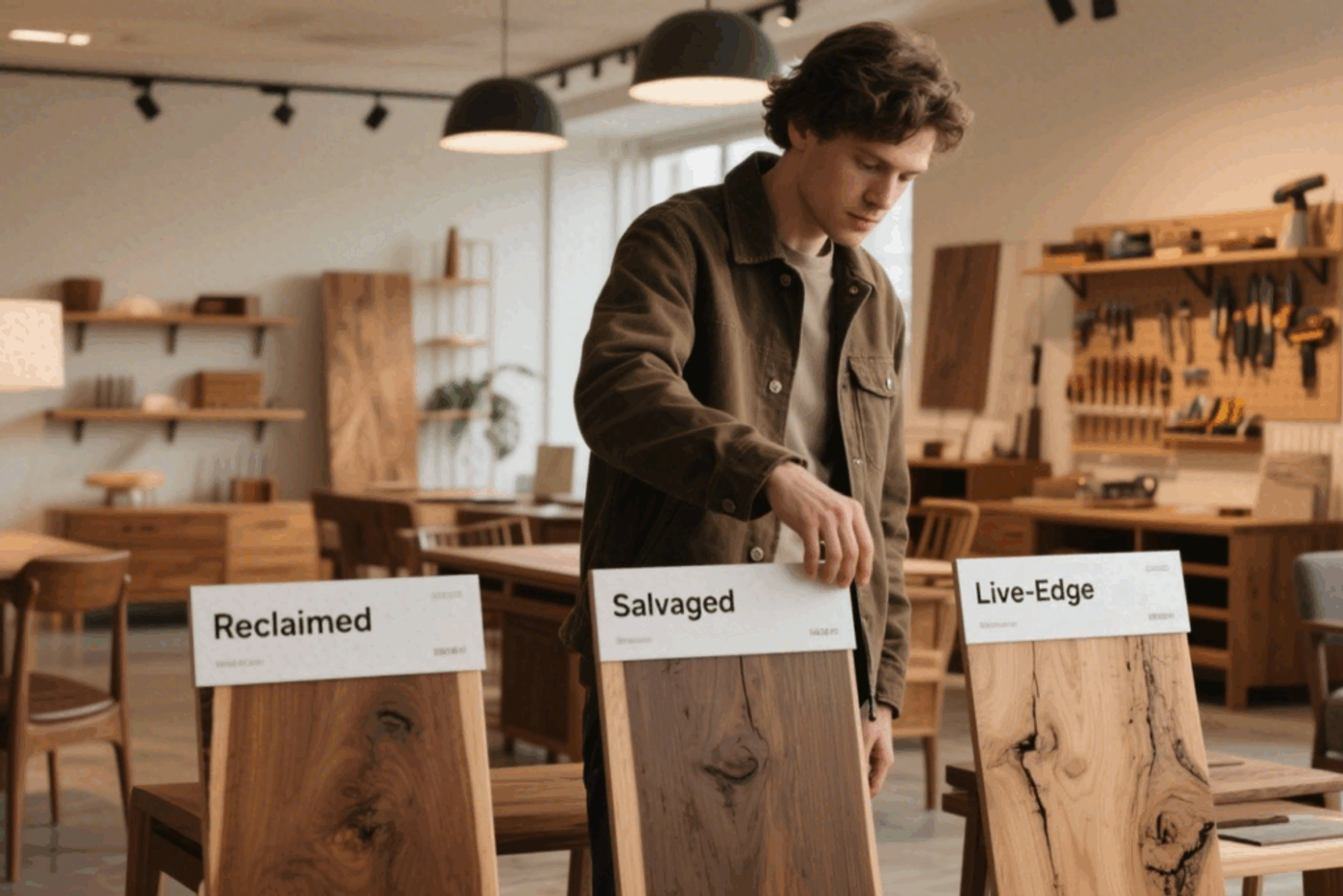 Young man examining wooden boards labeled "Reclaimed," "Salvaged," and "Live-Edge" in a woodworking shop
