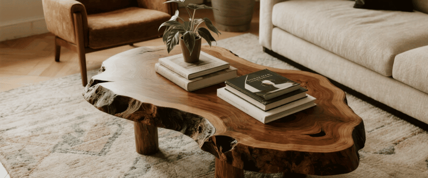 Natural wood coffee table with books and a green plant, surrounded by cozy beige couch and brown armchair in a warm living room.