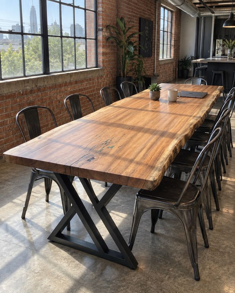 Rendering of the Gaia Decima slab as a dining table with Double Y Legs in a industrial loft home