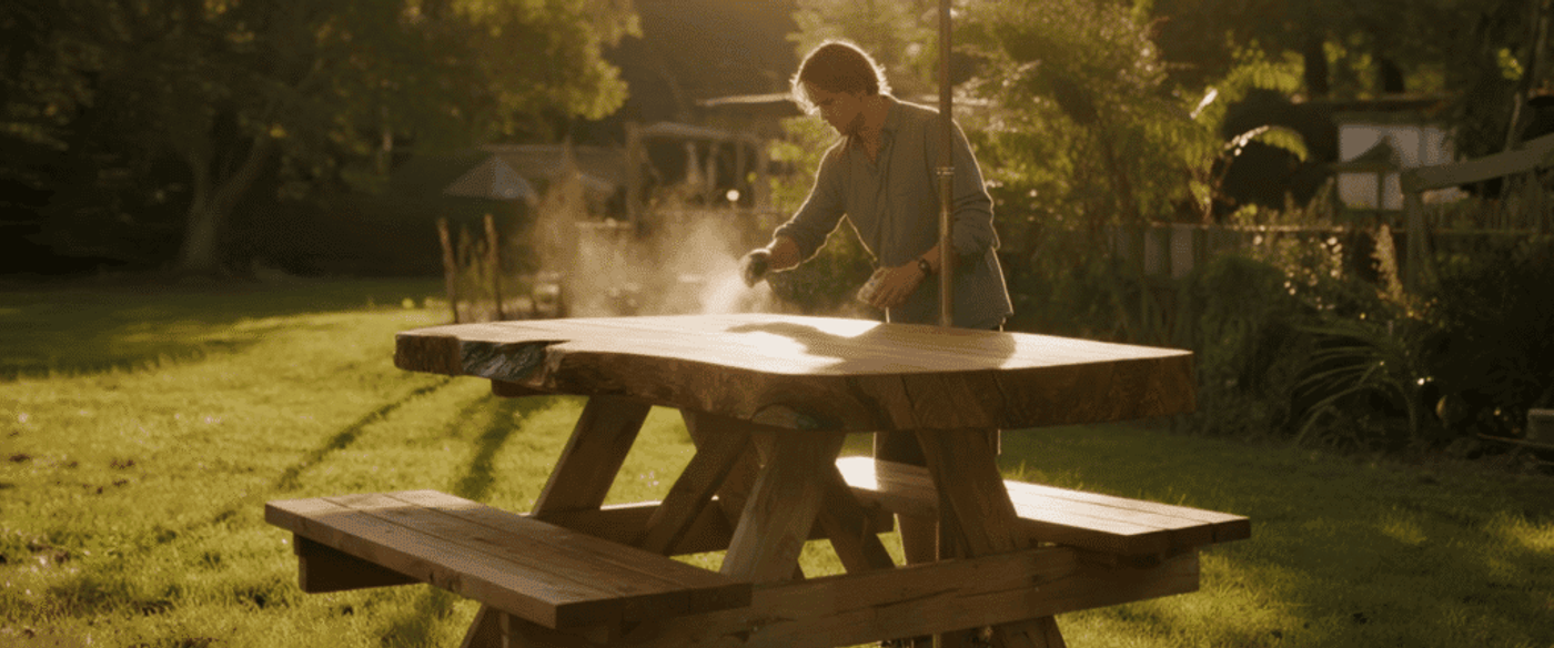 Man applying finish to a wooden picnic table under a large umbrella in a sunlit garden during golden hour.