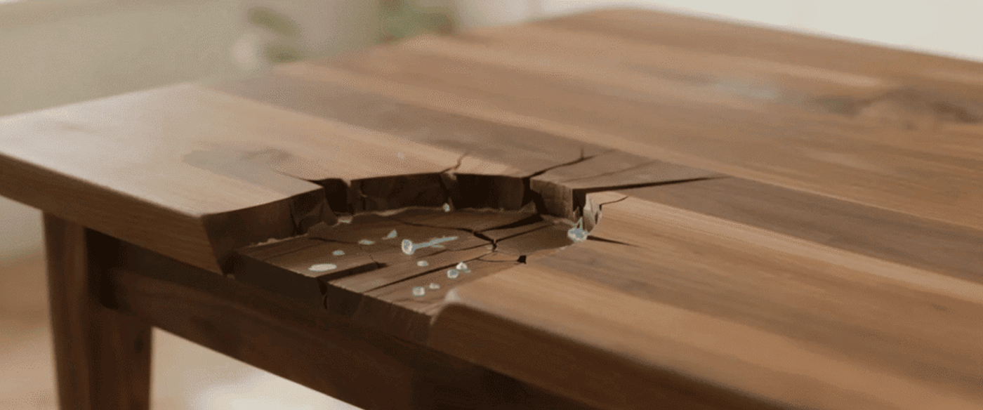 Cracked wooden table top with a deep split holding scattered glass fragments and subtle user-interface labels, soft background window light.