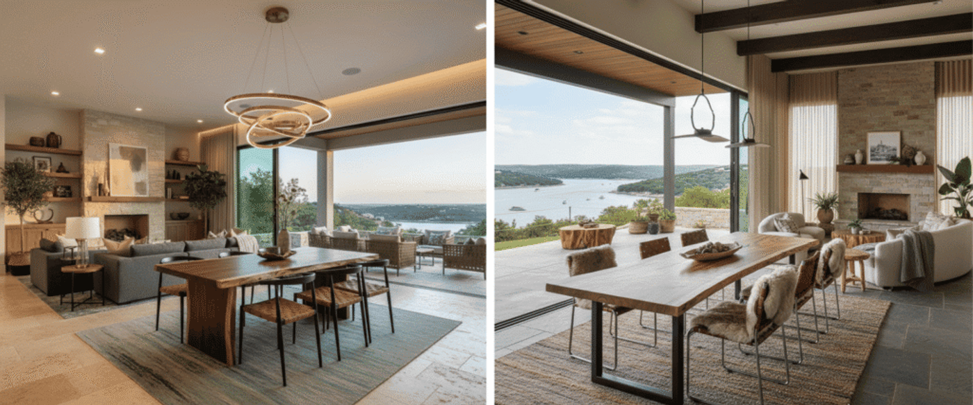 Modern Lake Travis interior design concept—live edge dining table paired with metal chairs, layered textures
