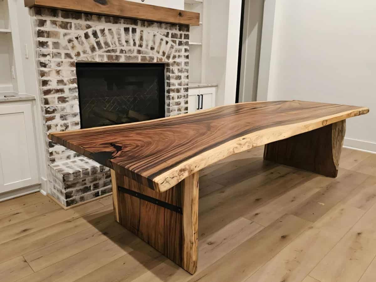 Unfinished custom live edge wood table in a modern living room in Austin.