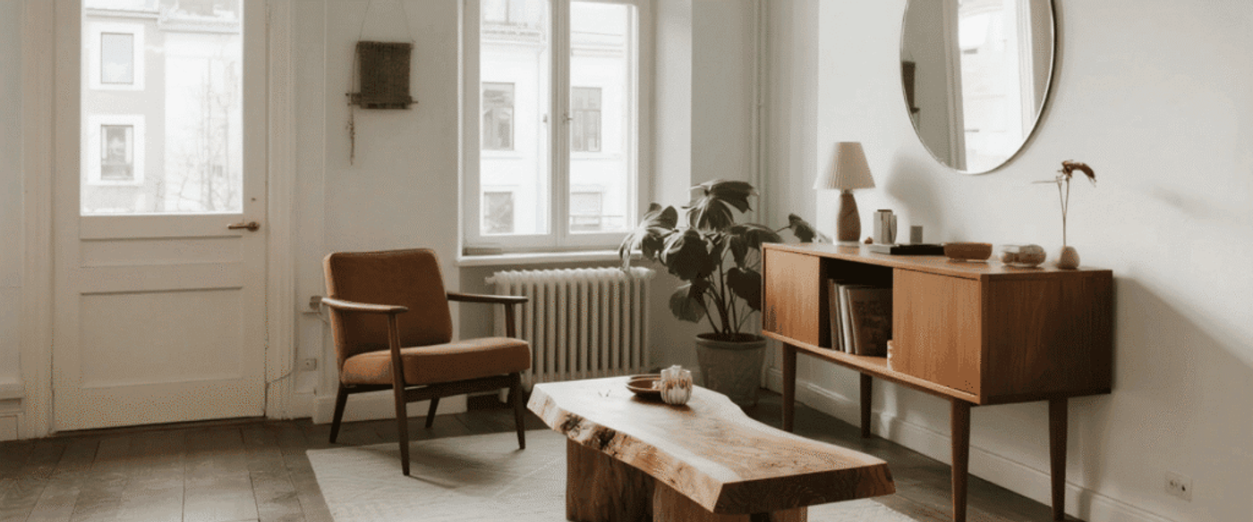 Cozy minimalist living room with natural wood furniture, large windows, indoor plant, and soft natural light creating a warm, inviting space.