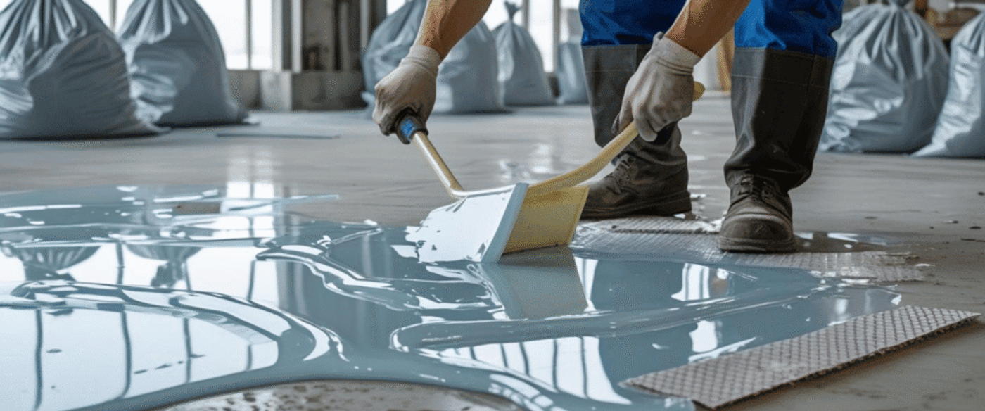 Worker wearing gloves and boots spreading epoxy resin on the floor using a squeegee for smooth, durable flooring.