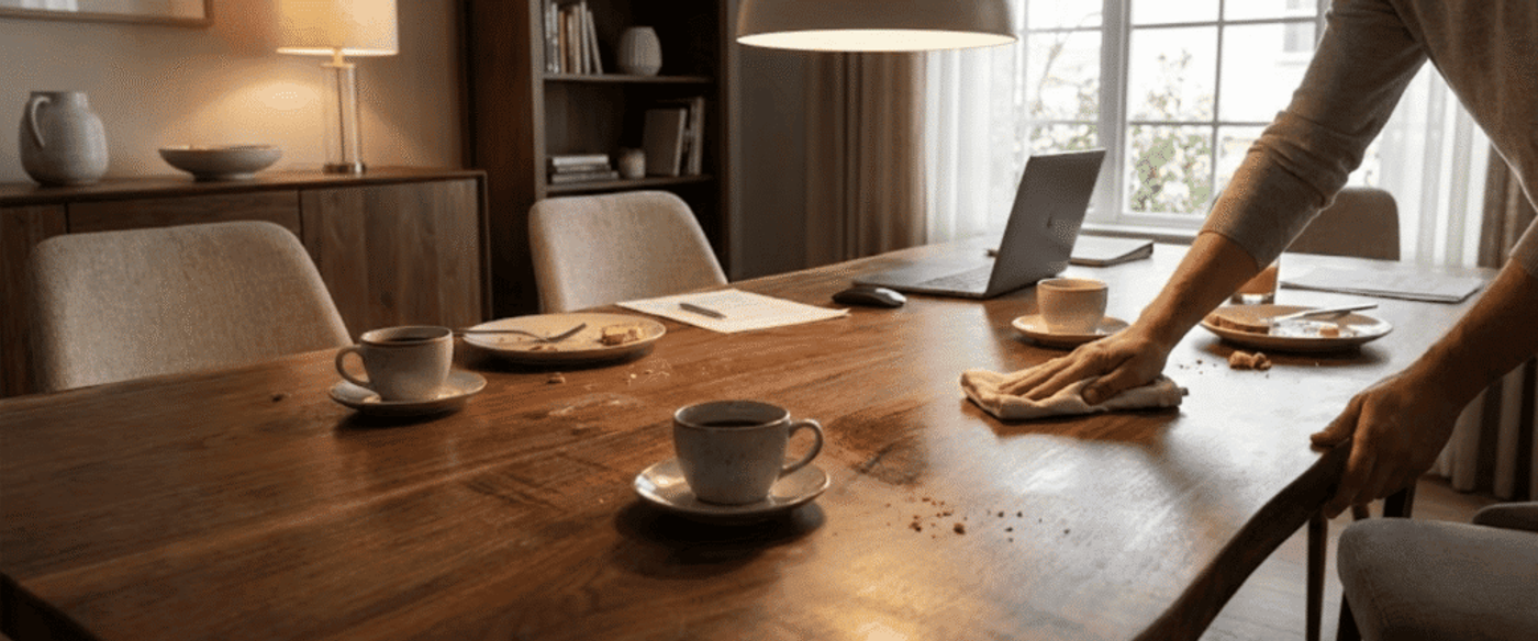 Person wiping crumbs from a wooden dining table with coffee cups, plates, laptop and papers nearby in a warm, sunlit room
