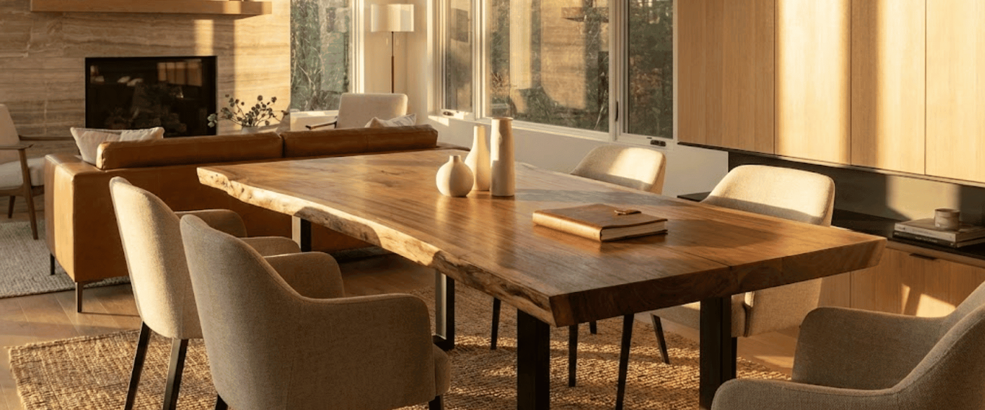 Sunlit dining room with a live-edge wooden table, woven leather chairs, stone fireplace, and large glass doors opening to trees