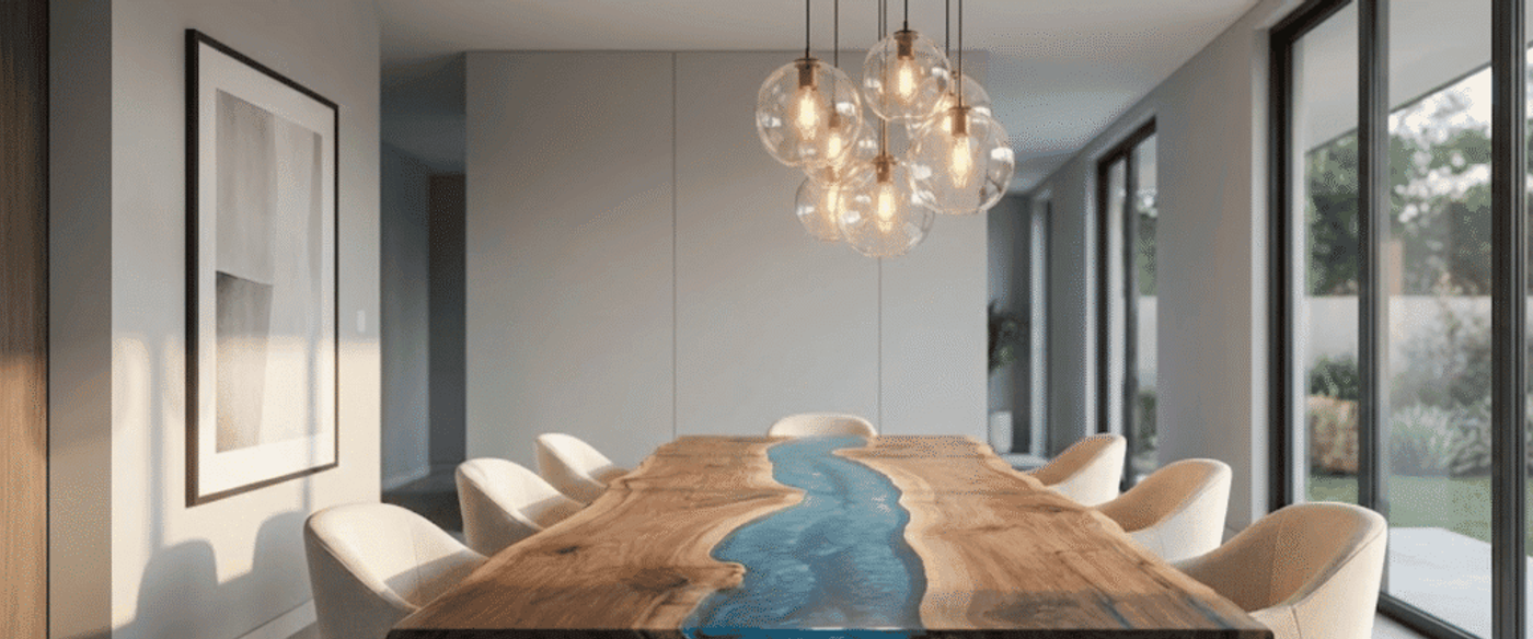 Modern dining room with a live-edge wood table featuring a blue resin river, pendant globe lights, beige chairs, and floor-to-ceiling windows