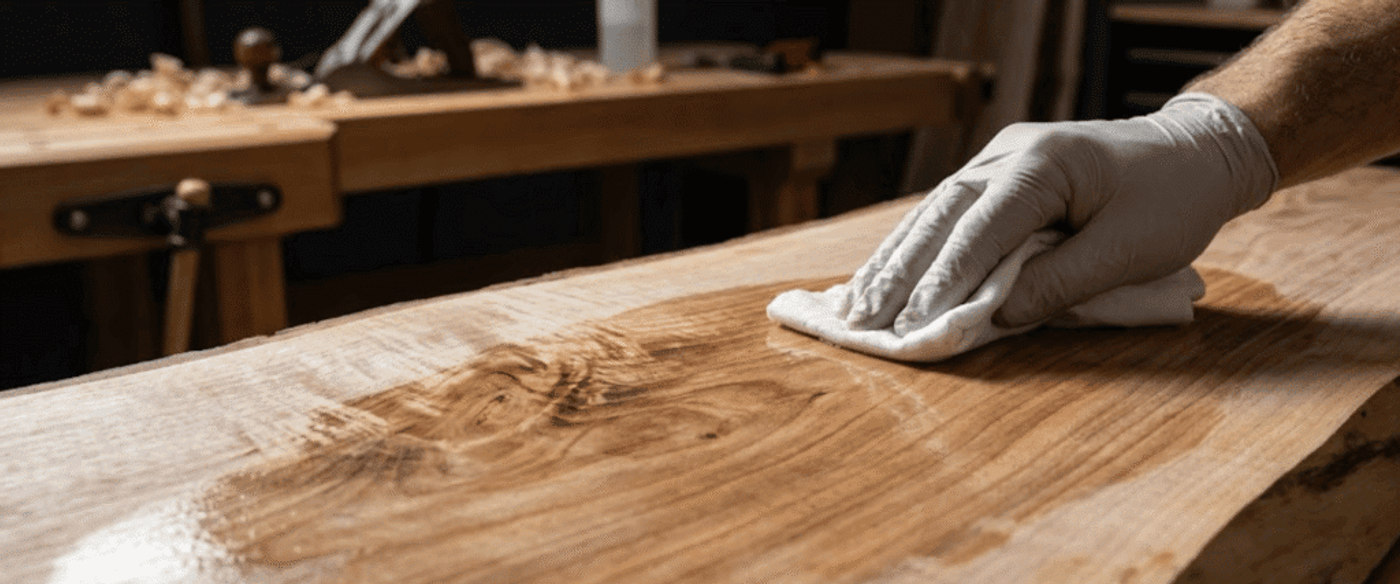 Hand applying finish to a live-edge wooden slab with a cloth, highlighting grain and a workshop bench in the background