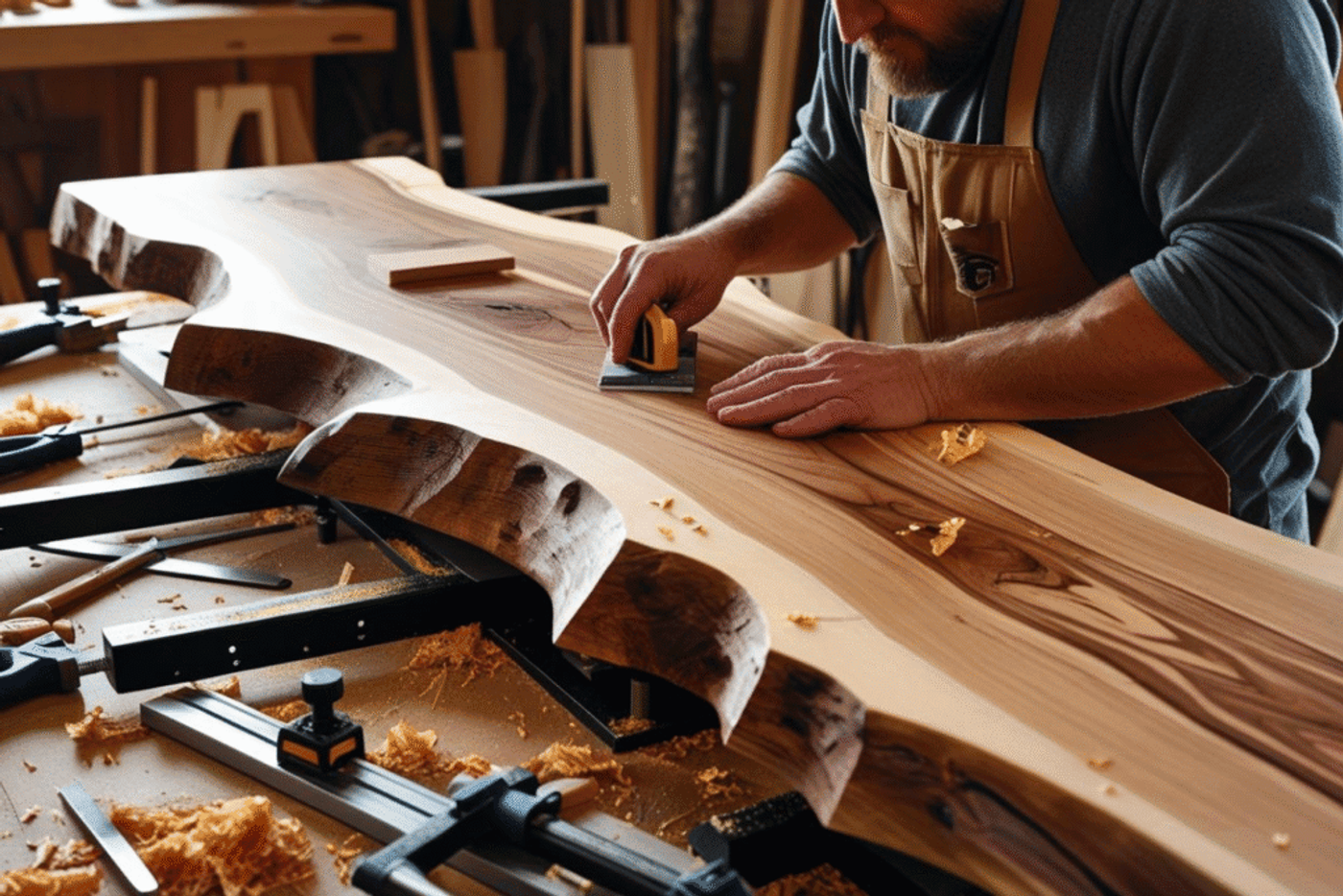 Craftsman sanding a live edge wooden slab in a workshop, surrounded by woodworking tools and shavings.
